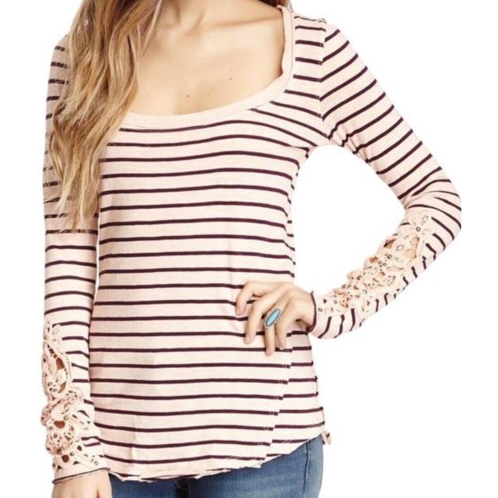 Free People Hard Candy Top M Peach Stripe Long Sleeve Crochet Cuff Boho Cute - Picture 3 of 6